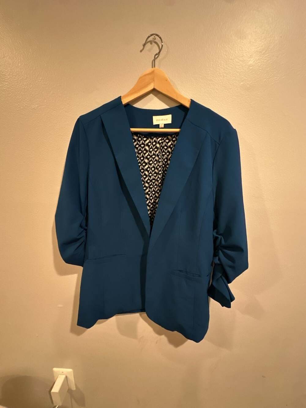Skies Are Blue Teal Open Front Ruched Sleeve Blazer Jacket Style 21406